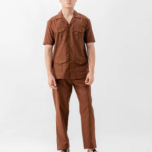 Men's Minimalist Two Piece Lounge Set Premium 100% Cotton Button Shirt and <b>Elastic</b> Waist Relaxed Straight Leg Trousers - Product Image 1