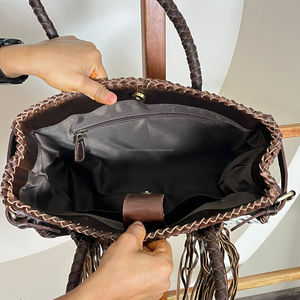 Bolso Tote de Cuero Genuino de Vaca Hecho a Mano con Flecos, Estilo Western, para Mujer, con Asas Trenzadas y Borlas - ¡Venta Caliente! - Product Image 6
