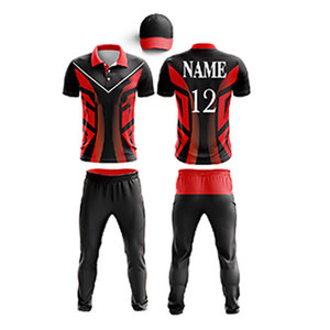 Men's Black Red Geometric Print Short Sleeve cricket uniform With Matching Pants Set Quick Dry Sublimation Design Regular Fit - Product Image 1