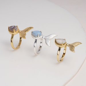 Moku Jewellery Brass <b>Ring</b> Rainbow Moonstone Pear Shape Prong Set Gemstone Fixed Size Mermaid Tail Glam <b>Statement</b> Handmade Women - Product Image 5