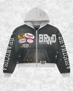 BRAND Full <b>Zip</b> Hoodie Black Grey Fleece Streetwear Plus Size Badge Printed Autumn Adult Regular Sleeve - Product Image 1