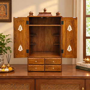 42 Inch Solid Wood Handcrafted Art Deco Temple Big <b>Pooja</b> <b>Mandir</b> with Multiple Drawers Bells for Home Office Use Diwali & Wedding - Product Image 1
