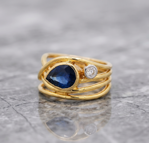 Saphir bleu précieux en forme de poire, or jaune massif 14 carats, bagues de fiançailles et de mariage classiques pour femmes, vente en gros - Product Image 5