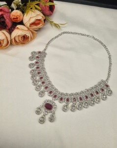 Designer Rhodium Plated Oval Cut CZ Stone Necklace <b>Set</b> With Earrings & Mangtika For Women Ethnic Fashion <b>Jewellery</b> <b>Set</b> Wholesale - Product Image 5