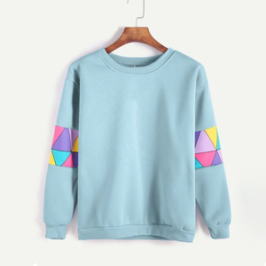 Custom Women Long Sleeve Patchwork Sweatshirt Light Blue Crewneck Pullover Oversized Casual Fleece Apparel Tops - Product Image 4