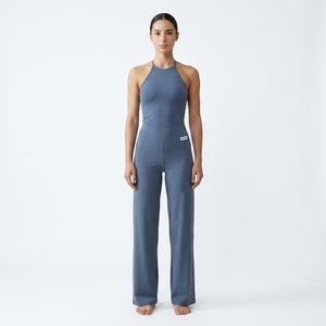 Ensemble de yoga pour femmes, bleu, col halter, leggings taille haute, longueur intégrale, sans couture, respirant, vêtements de sport, ensemble 2 pièces - Product Image 1