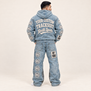 Ensemble de survêtement en jean pour homme, veste à capuche zippée et pantalon de survêtement ample, imprimé lettres, style streetwear décontracté, collection automne - Product Image 3