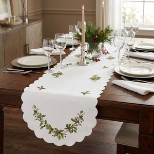 Wholesale Customized Vintage White Cotton <b>Table</b> <b>Runners</b> Embroidered Holly Christmas Scallop Border Washable Restaurant Hotel - Product Image 1