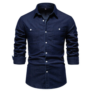 เสื้อเชิ้ตเดนิมแขนยาวทรงสลิมฟิตลำลองสำหรับผู้ชาย ลายทางติดกระดุม - Product Image 3