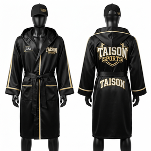 Premium 280 GSM Satin Polyester <b>Boxing</b> <b>Robe</b> Black Gold Contrast Trim Custom Embroidery Sublimation Logo <b>boxing</b> rob - Product Image 1