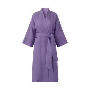 Robe de chambre en coton pour femme avec ceinture, col en V, manches trois quarts, longueur intégrale, tissée, pour le sommeil, le spa et la maison, respirante - Product Image 5