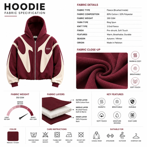 Custom 350 GSM Maroon Cream Applique Color Block Full <b>Zip</b> Cotton Polyester Fleece Streetwear Hoodie - Product Image 6