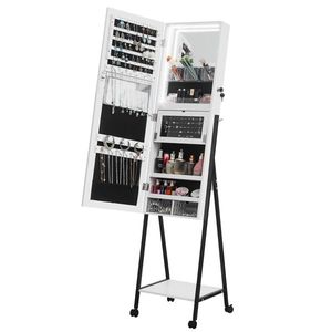 Full <b>Mirror</b> Wooden Floor Type 1 Shelf 4 Wheels White Light Strip Jewelry Storage <b>Makeup</b> Vanity <b>Mirror</b> Cabinet White - Product Image 4