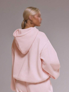 Sudadera con Capucha para Mujer, Color Rosa Sólido, Algodón y Felpa, Estilo Oversize, Largo Regular, Hombros Caídos, Marca Privada OEM - Product Image 3
