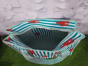 Coastal Lobster Print Quilted Zipper Lightweight Turquoise Striped Cotton <b>Beach</b> Nautical Pattern Shoulder Tote <b>Bag</b> Handcrafted - Product Image 4