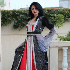 Moda UAE mujeres dos piezas Moderno frente abierto estilo con seda y cuentas brillantes tela de trabajo con mangas largas de red - Product Image 1