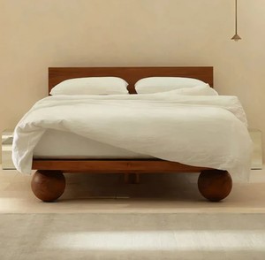Teak Wood <b>Bed</b> <b>Frame</b> <b>Queen</b> <b>Size</b> Solid Wood Handmade Scandinavian Style Bedstead with Round Legs Natural Finish - Product Image 2