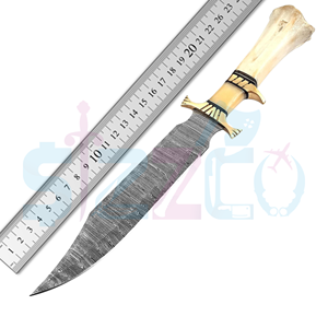 Beautiful Handmade Damascus Steel Bowie <b>Knife</b> with <b>Bone</b> <b>Handle</b> and Leather Sheath Brass Guard OEM Ready Logo & Custom Packaging - Product Image 6