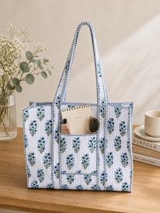 Oversized Large Quilted Weekend Tote <b>Bag</b> - Cotton Block Printed <b>Overnight</b> <b>Bag</b> Grocery Shopping Travel Handmade <b>Bags</b> For Women - Product Image 1