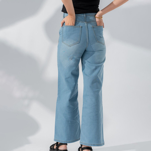 Bootcut Denim Pants <b>Women</b> Regular Fit High Waist Streetwear Retro Style Denim <b>Jeans</b> Stretchable Quick Dry Blue - Product Image 4