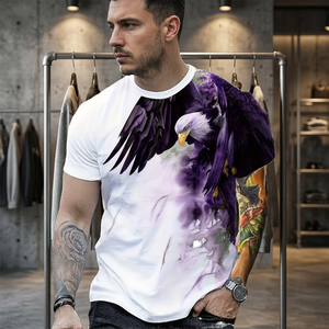 <b>Men's</b> Slim Fit Short Sleeve T-Shirt With 3D Purple Eagle Print O-Neck Casual Breathable Knitted Polyester Shirt - Product Image 3