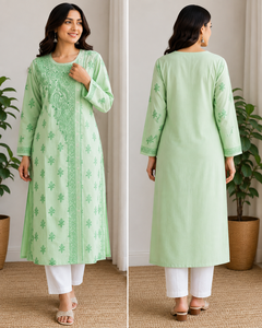 Women’s Mint Green Floral Embroidered <b>Kurti</b>, Long Sleeve Straight Fit Ethnic Indian Kurta, Traditional Casual & Festive Wear - Product Image 4