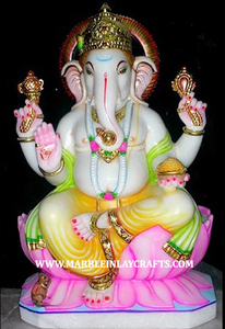 Statue de Ganesha artisanale en marbre Makrana, colorée, avec main de bénédiction, en position assise, pour la décoration de la maison et des temples. - Product Image 3