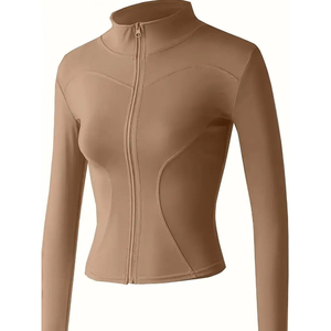 Veste de yoga unie à manches longues avec fermeture éclair, col montant et surpiqûres contrastées, respirante, en Spandex et Polyester, pour femme - Product Image 5
