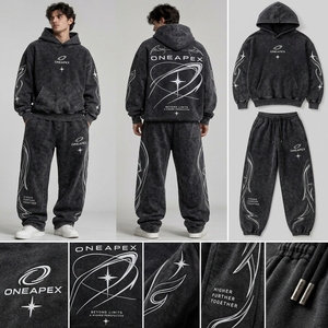 ชุดเซ็ตเสื้อฮู้ดดี้โอเวอร์ไซส์สีเทาเข้มแบบวอชและกางเกงวอร์มพิมพ์ลายกราฟิก Apex สไตล์สตรีทแวร์ลำลองสองชิ้นสำหรับผู้ชาย - Product Image 5