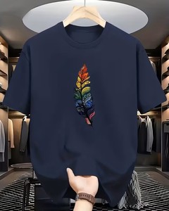 Men's Navy Blue Graphic Beach Surf Design Breathable 220g Short Sleeve O-Neck T-Shirt Regular Fit Casual Knitted 100% Cotton - Product Image 1