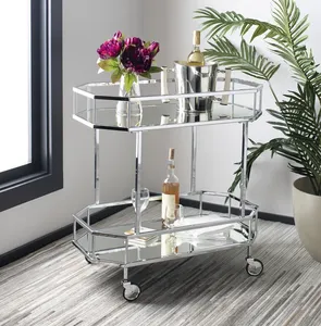 Carrito de Bar Moderno Cromado con Estantes de Vidrio, 29.8x29.6x16.5 Pulgadas, Estilo Glamuroso, Carrito Rodante para Fiestas - Product Image 1