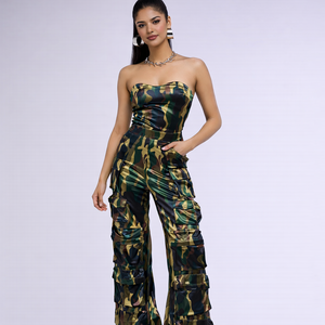 Monos de Camuflaje a Medida para Mujer para Fiestas de Graduación | Mono Cargo Acampanado de Satén Elástico OEM para Pedidos al por Mayor - Product Image 1