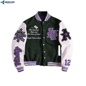 Men's Varsity Jacket Navy Cream Sleeve Letter Embroidery Preppy Style Autumn Wear Polyester Cotton Material - Product Image 3