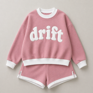Two <b>Piece</b> Sweatshirt Shorts <b>Set</b> With <b>White</b> Puff Print Drift Letter Crew Neck Loose Fit Casual Spring Summer Knitted Women's <b>Set</b> - Product Image 1