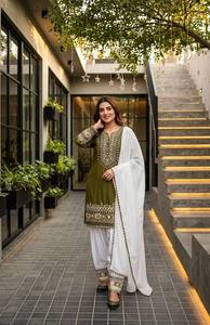 <b>Green</b> Embroidered Cotton Salwar Suit With White Dupatta Traditional Indian Pakistani Wear Loose Fit Ankle Length Women's Dress - Product Image 5
