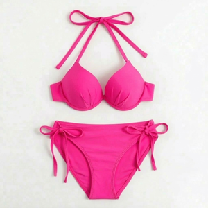 Women's Solid Color Bikini Set <b>Crossed</b> Halter Push Up <b>Top</b> Tie Side Bottoms Stretch Fabric Swimwear - Product Image 3