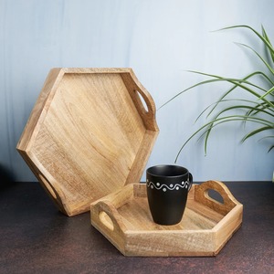 Hexagon Wooden Serving <b>Tray</b> With Handles For Drink And Food <b>Storage</b> Minimalist Design Unfinished Natural Wood Finish - Product Image 1