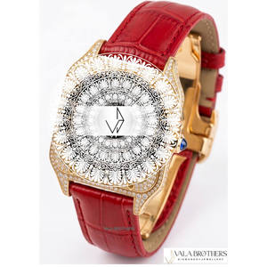 นาฬิกาข้อมือควอตซ์ทรงสี่เหลี่ยมสำหรับผู้หญิง ยี่ห้อ Cartier ตัวเรือนสแตนเลสสตีลผสมโลหะโบราณสีทองเหลือง สายหนังสีแดง กระจกแซฟไฟร์ - Product Image 4