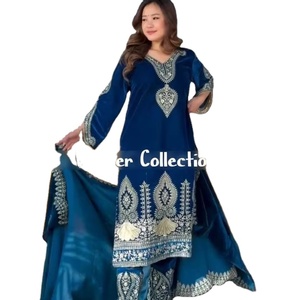 Vestido étnico Anarkali para mujer Ropa de invierno Traje de tres piezas en colores brillantes Nueva secuencia e hilo de trabajo para fiestas - Product Image 1