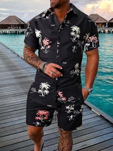 ชุดเสื้อเชิ้ตแขนสั้นลำลองสำหรับผู้ชายลายต้นปาล์ม ผ้าซาตินโพลีเอสเตอร์ระบายอากาศได้ดี ปกเสื้อแบบพับได้ - Product Image 5