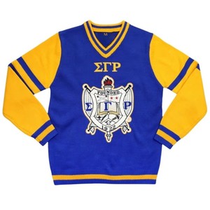 เสื้อสเวตเตอร์คอวี Sigma Gamma Rho สีน้ำเงินรอยัล แขนเสื้อสีทอง ปักลายตราสัญลักษณ์ เสื้อถักสำหรับผู้ชาย ระบายอากาศได้ดี เสื้อกันหนาวสำหรับฤดูหนาว - Product Image 1
