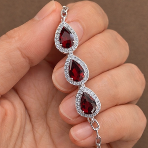 Trendy Everyday <b>Garnet</b> Pear-Shaped Chain <b>Bracelet</b> Rhodium Plated 925 Sterling Silver for Wedding Party Gift Occasions - Product Image 3