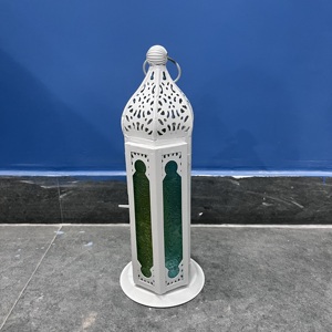 Lanterne décorative en fer blanc avec panneaux en verre coloré, style vintage, porte-bougie pour anniversaire, Noël, Pâques, décoration de la maison - Product Image 2