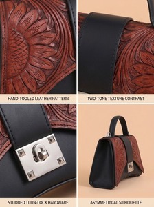 Bolso de Hombro de Cuero Tallado de Lujo para Mujer, Forma de Media Luna, Diseño de Girasol en Relieve, Cierre de Hebilla en Color Contrastante, 2-2.9L, Grande - Product Image 3