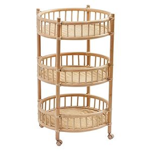 Boho Chic Natural Rattan Shelving Beautiful Round Basket Motif Mobile <b>Cart</b> Children Toy Organizer Lightweight Display Rack - Product Image 1