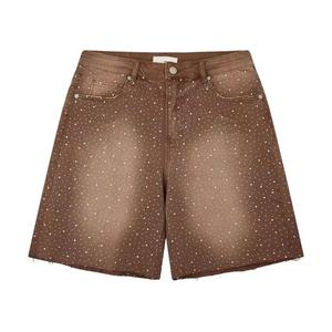 Shorts en jean délavé à taille haute, ornés de perles et de strass, style baggy, personnalisés OEM pour hommes - Product Image 5