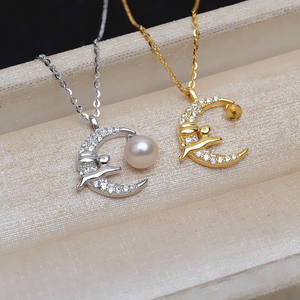 Collar con Colgante de Luna y Cadena, 5-6 Perlas, Accesorios de Joyería DIY, 4473, Conejo Volando a la Luna, Collar de Cristal - Product Image 1