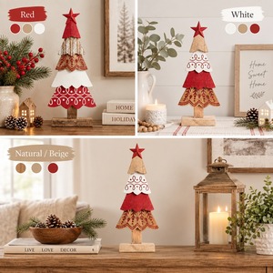 Ensemble d'arbres de Noël en bois artisanaux style art populaire, figurine d'arbre de Noël peinte à plusieurs niveaux, étoile de Noël en bois, décoration de table rustique pour les fêtes - Product Image 3