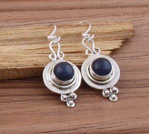 Boucles d'oreilles pendantes en argent sterling 925 massif, pierre précieuse lapis-lazuli naturelle, fabrication artisanale, vintage, luxe, pour mariage, anniversaire, cadeau, fête - Product Image 1