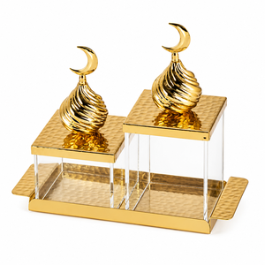 Boîte à bonbons de qualité supérieure avec couvercle en forme de croissant de lune doré, présentoir à desserts avec poignées en forme de dôme de mosquée, élégante pour les fêtes musulmanes - Product Image 1
